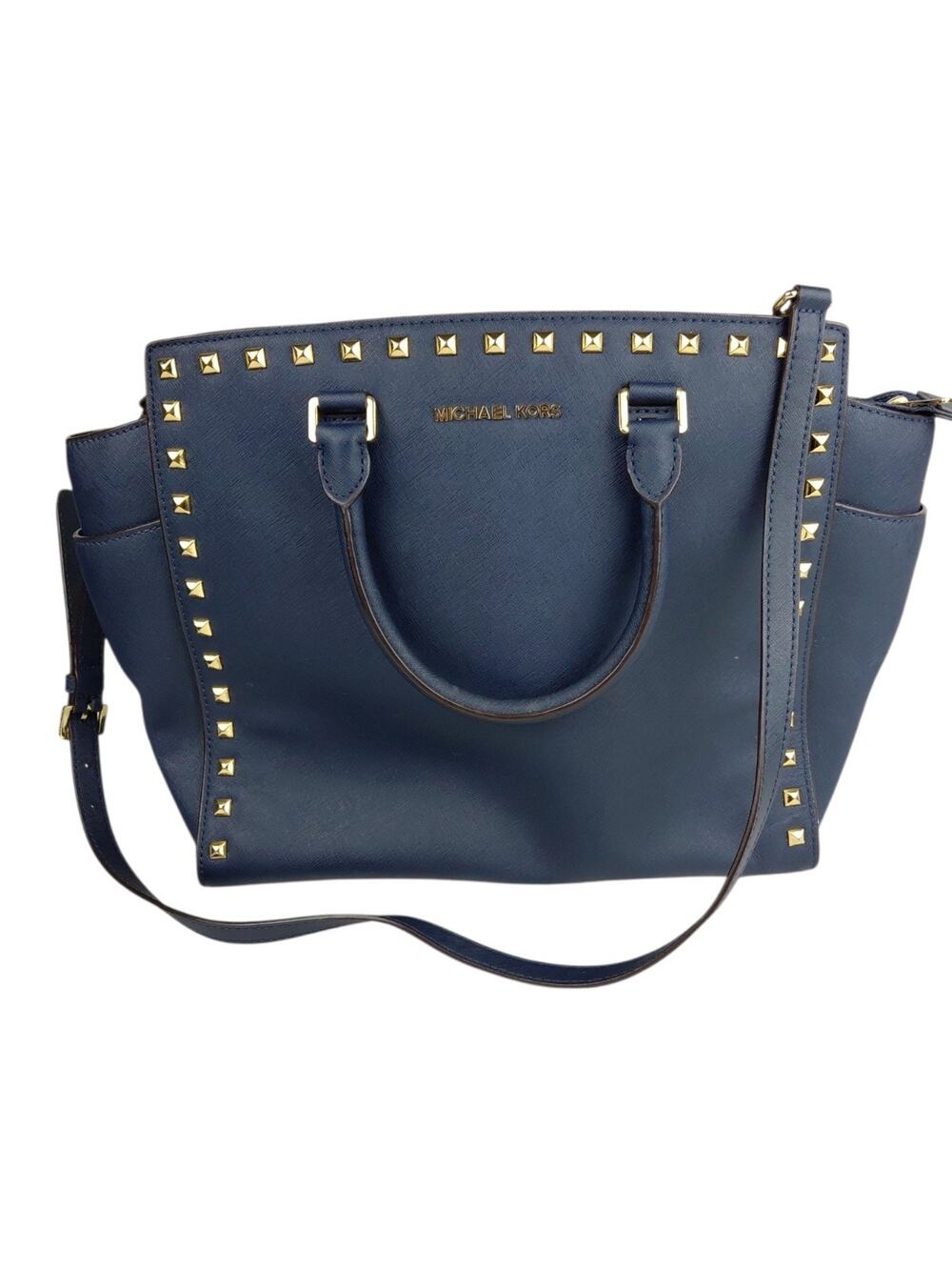 Michael Kors Large Selma Saffiano Leather Studded Satchel Crossbody Tote, Navy